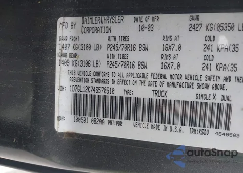 2004 Dodge Dakota z USA, uszkodzony, nr VIN 1D7GL12K74S570510